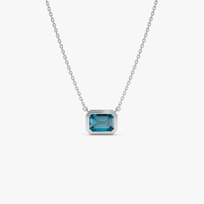 14k Solid Gold London Blue Topaz Emerald Cut Necklace 1.25 Carat Bezel Setting