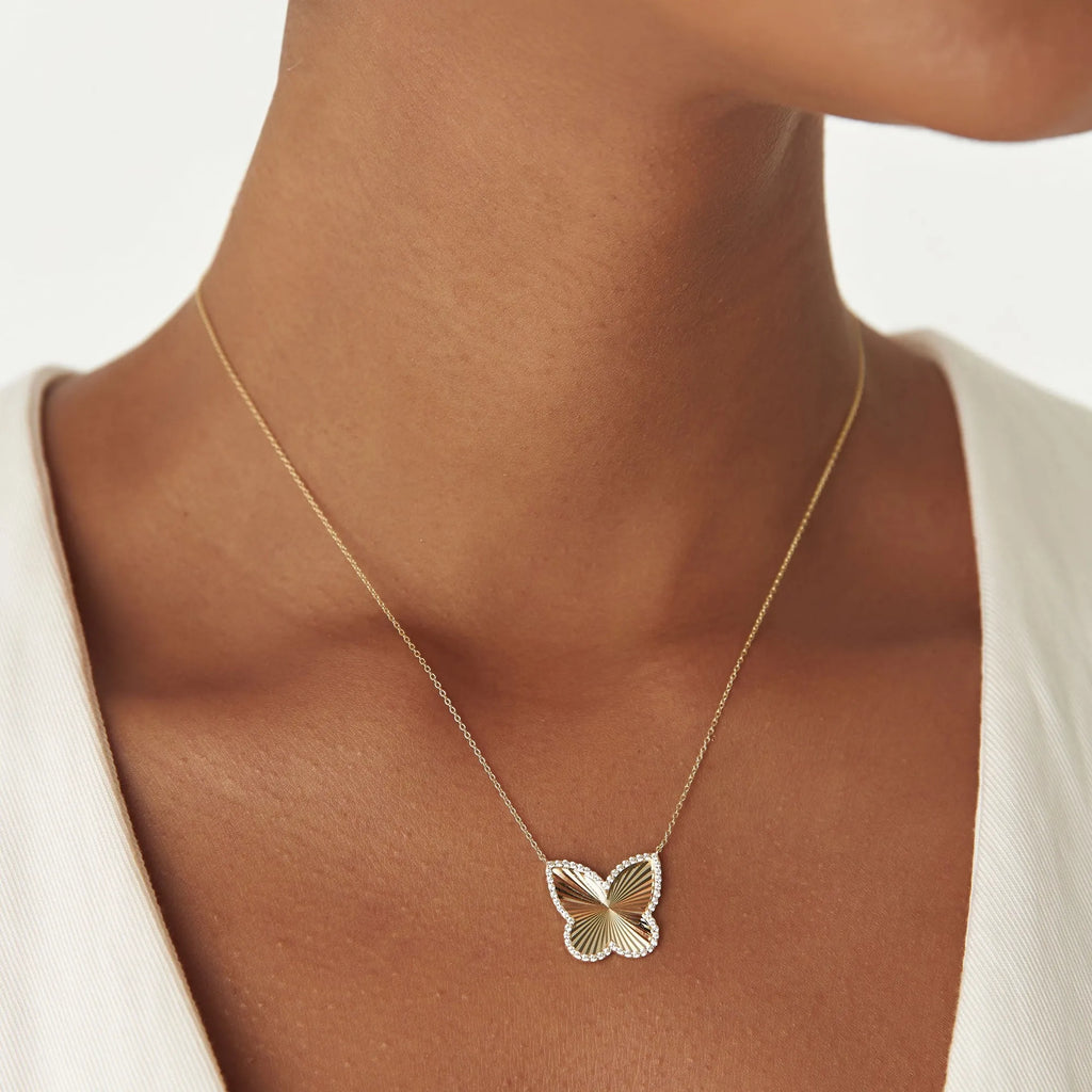 14K Solid Gold 0.30 CTW Round Diamond Textured Butterfly Charm Pendant Necklace