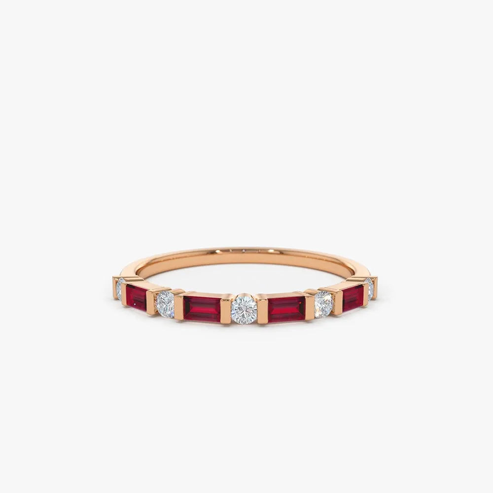 14k Gold Ruby and Diamond Baguette and Round Cut Stackable Wedding Ring Bar Channel Setting 0.63 ctw