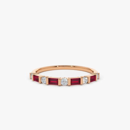 14k Gold Ruby and Diamond Baguette and Round Cut Stackable Wedding Ring Bar Channel Setting 0.63 ctw