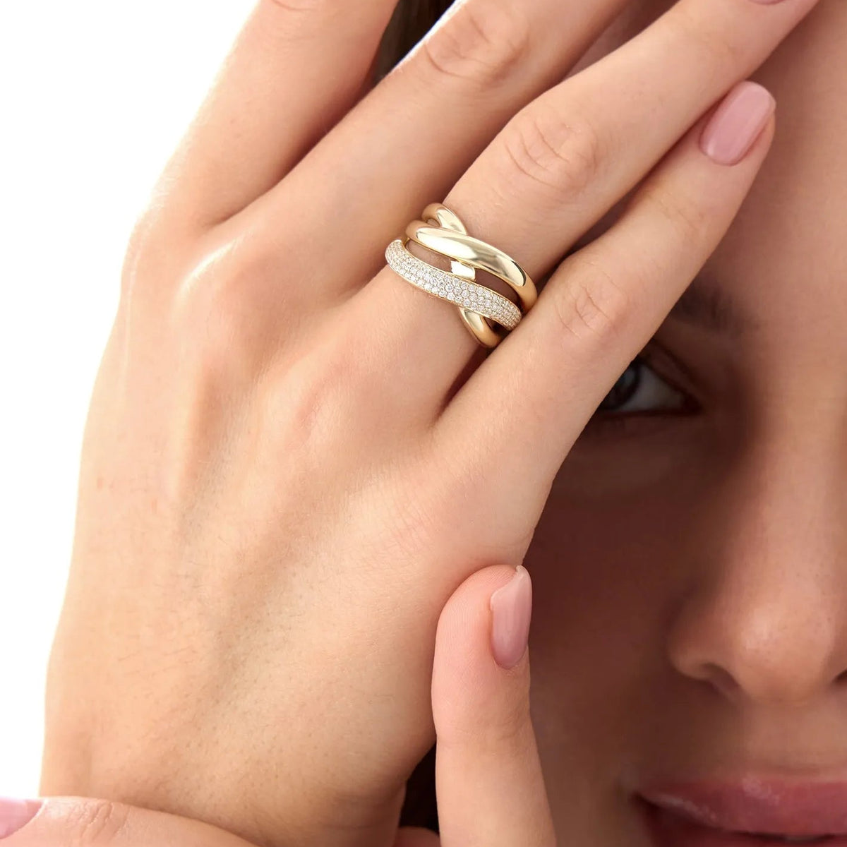 14k Solid Gold Round Diamond 0.40 Carat Triple Band Crossover Statement Ring