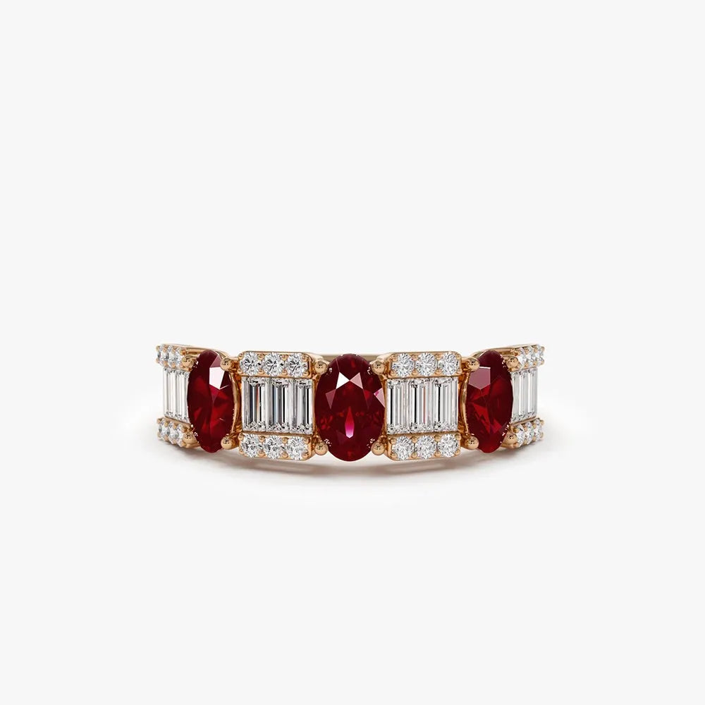 14k Gold Ruby and Diamond Baguette and Round Cut Ring