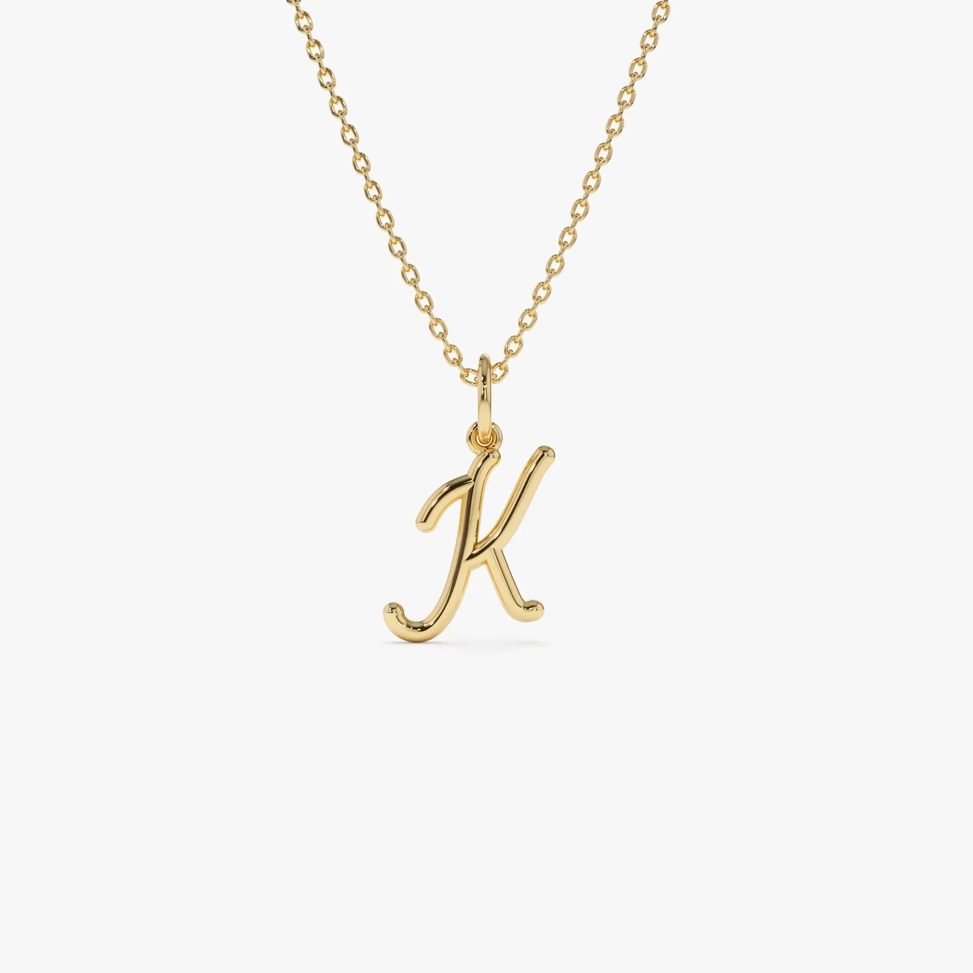 14k Solid Gold Script Initial Letter Pendant Necklace Personalized