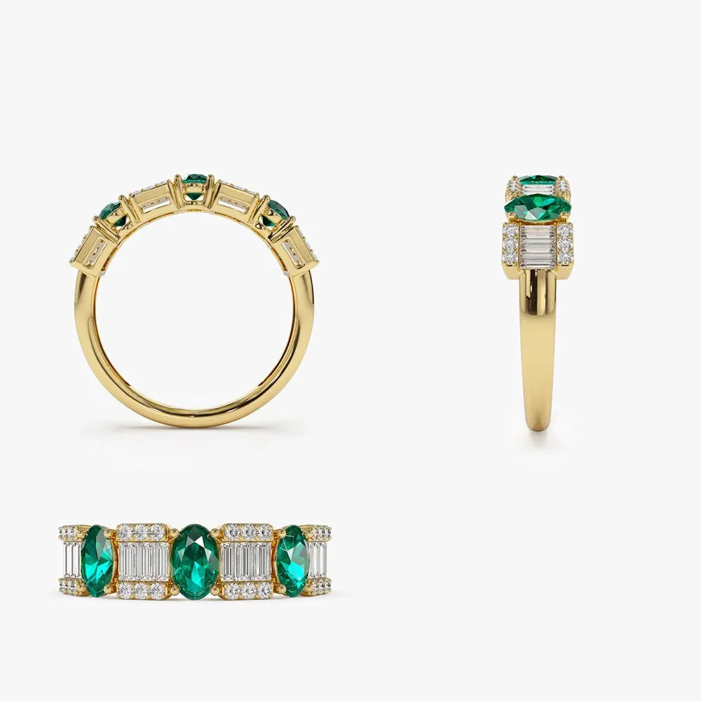 14K Solid Gold Oval Emerald and Baguette Round Diamond Ring 1.43 CTW Handcrafted Jewelry