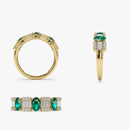 14K Solid Gold Oval Emerald and Baguette Round Diamond Ring 1.43 CTW Handcrafted Jewelry