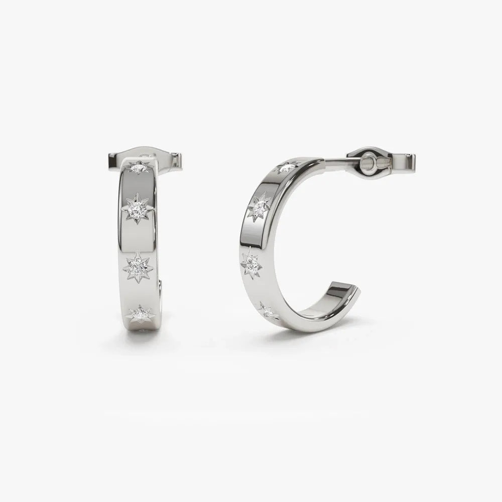 14k Gold Diamond Round Cut Star Setting Hoop Earrings 0.14 ctw
