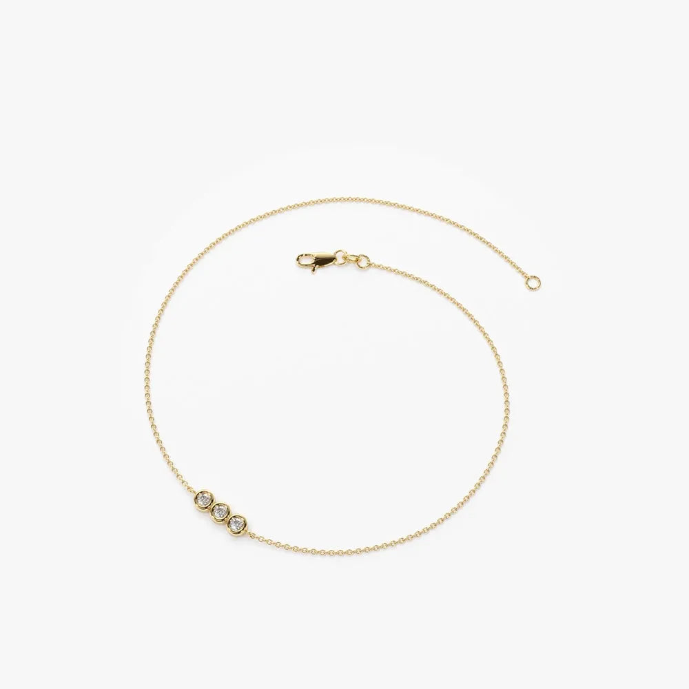 14K Solid Gold Lab Grown Diamond Round Trio Bezel Station Chain Bracelet 0.10 Carat