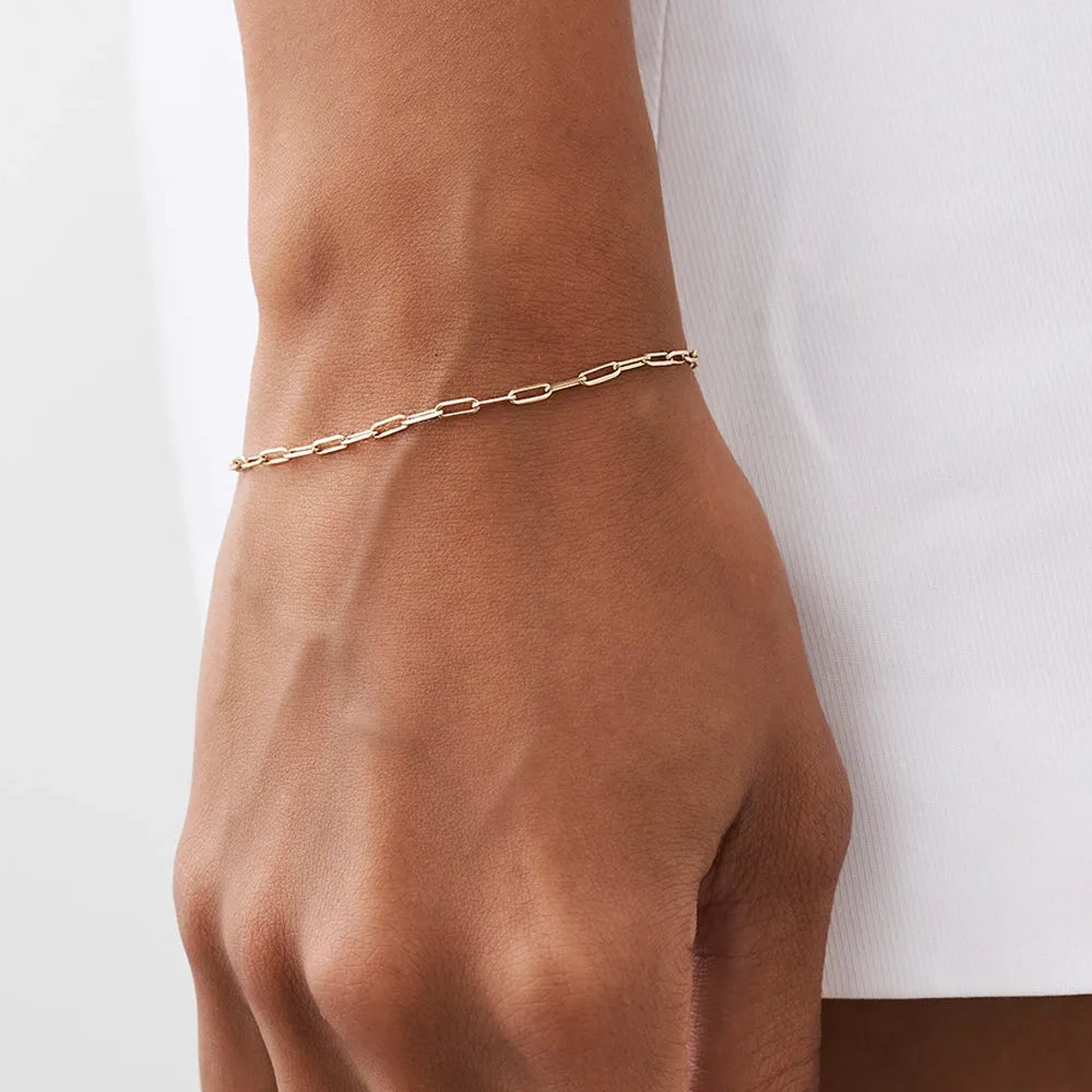 14K Solid Gold Tiny Paper Clip Link Chain Bracelet