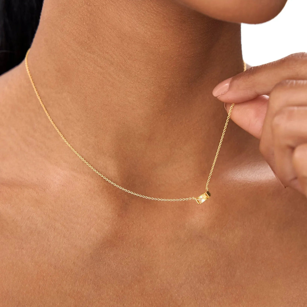 14k Solid Gold Citrine Baguette Birthstone Necklace 0.40 Carat