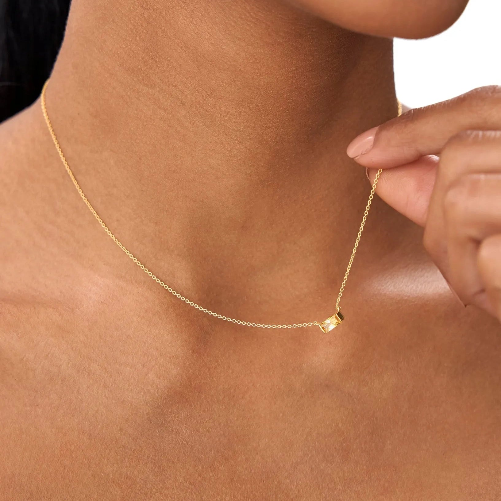 14k Solid Gold Citrine Baguette Birthstone Necklace 0.40 Carat