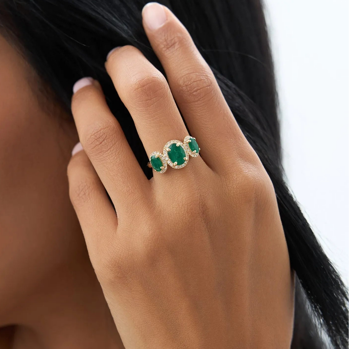 14K Solid Gold Oval Emerald and Round Diamond Three Stone Engagement Ring 2.30 CTW