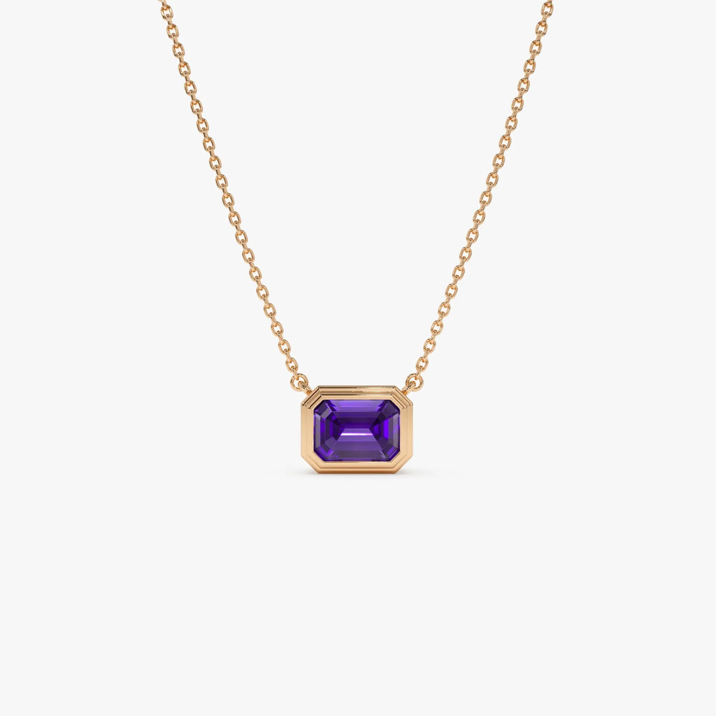 14k Solid Gold Amethyst Emerald Cut Necklace 0.95 Carat Bezel Setting