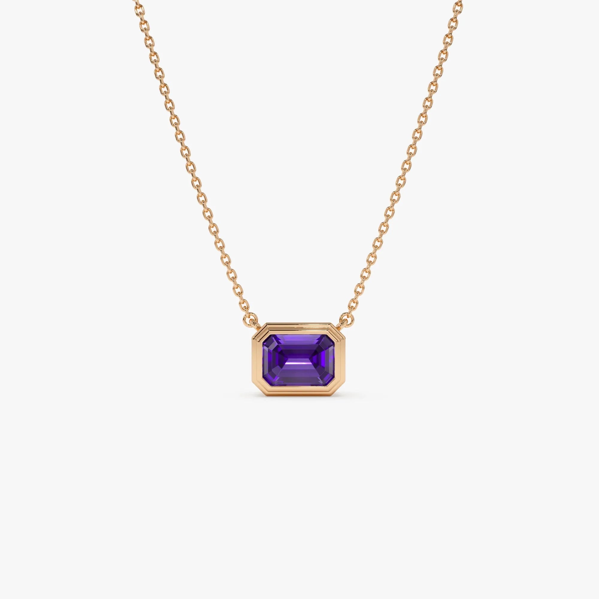14k Solid Gold Amethyst Emerald Cut Necklace 0.95 Carat Bezel Setting