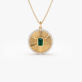 14k Solid Gold Emerald-Cut Emerald 0.35 CTW and Round Diamond 0.25 CTW Medallion Disc Pendant Necklace