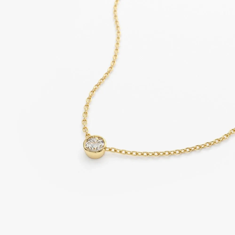 14K Solid Gold Round Diamond Solitaire Necklace Bezel Set 0.50ctw