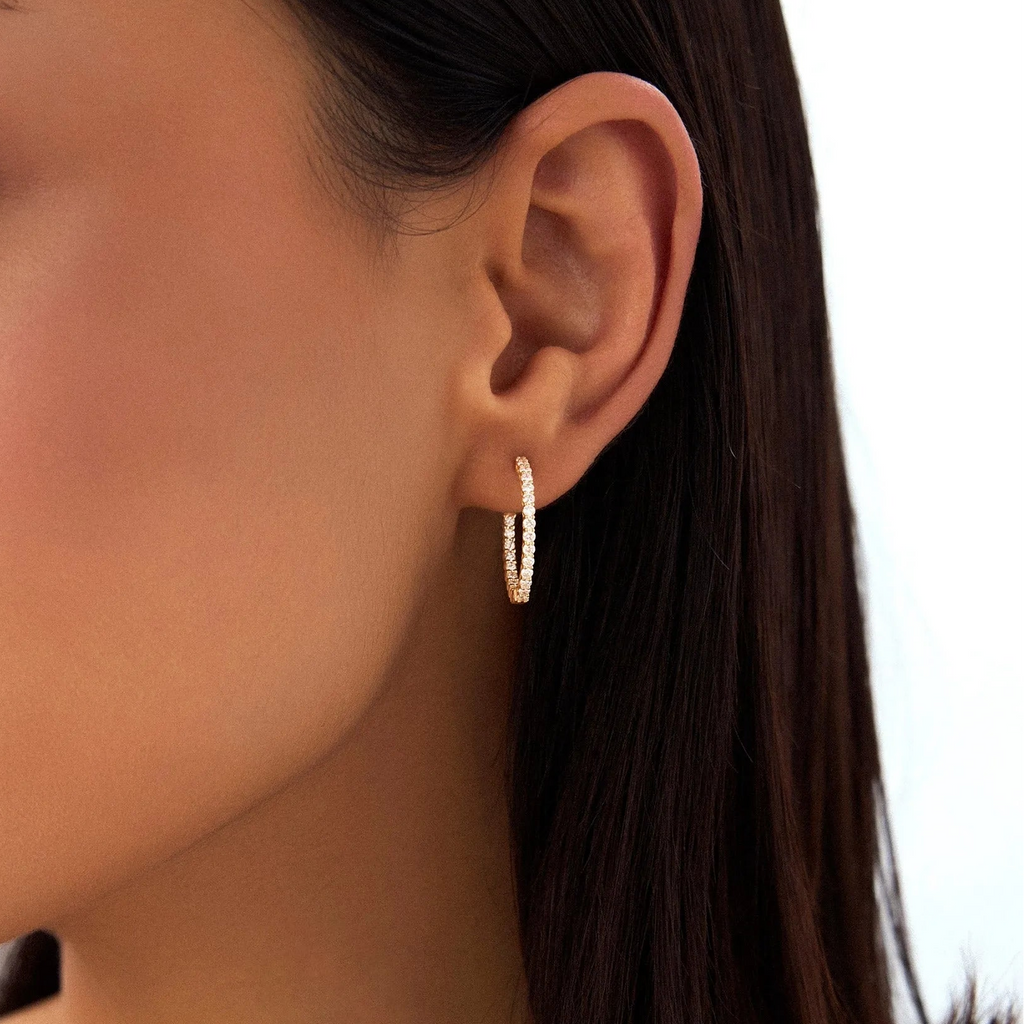 14k Gold Diamond Round Cut Inside Out Hoop Earrings Prong Setting 0.99 ctw