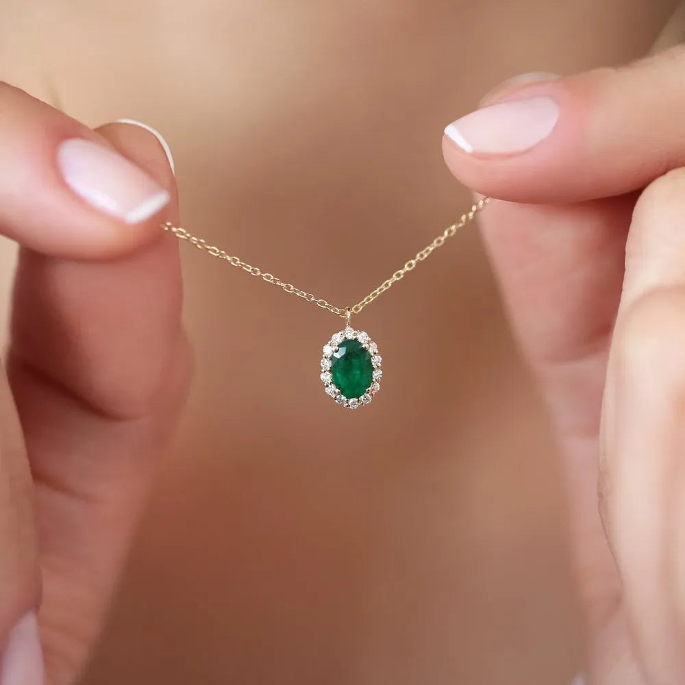 14k Solid Gold Oval Cut Emerald 0.48 CTW and Round Diamond 0.15 CTW Halo Pendant Necklace Prong Setting