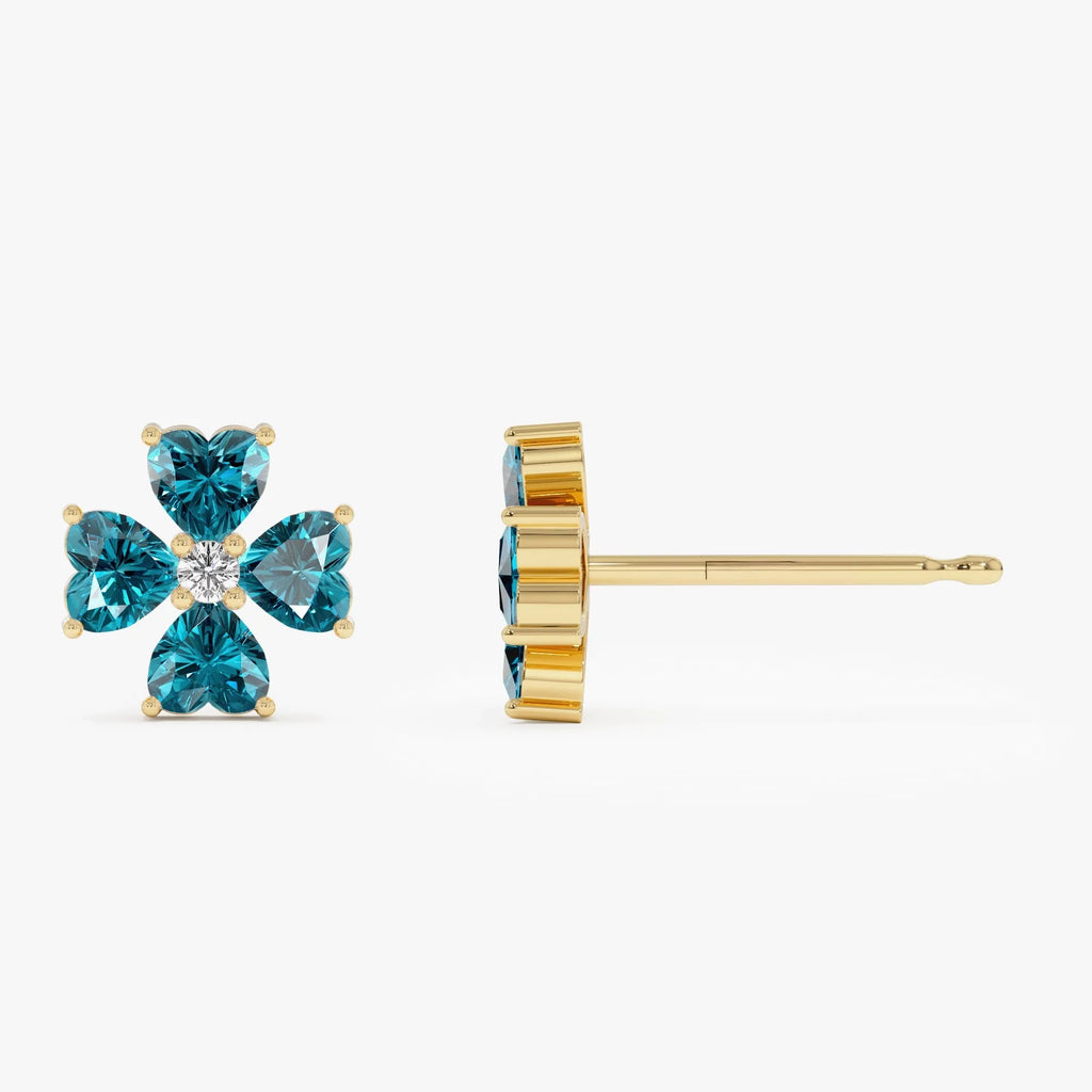 14K Gold Heart Shaped London Blue Topaz and Diamond Four Leaf Clover Stud Earrings