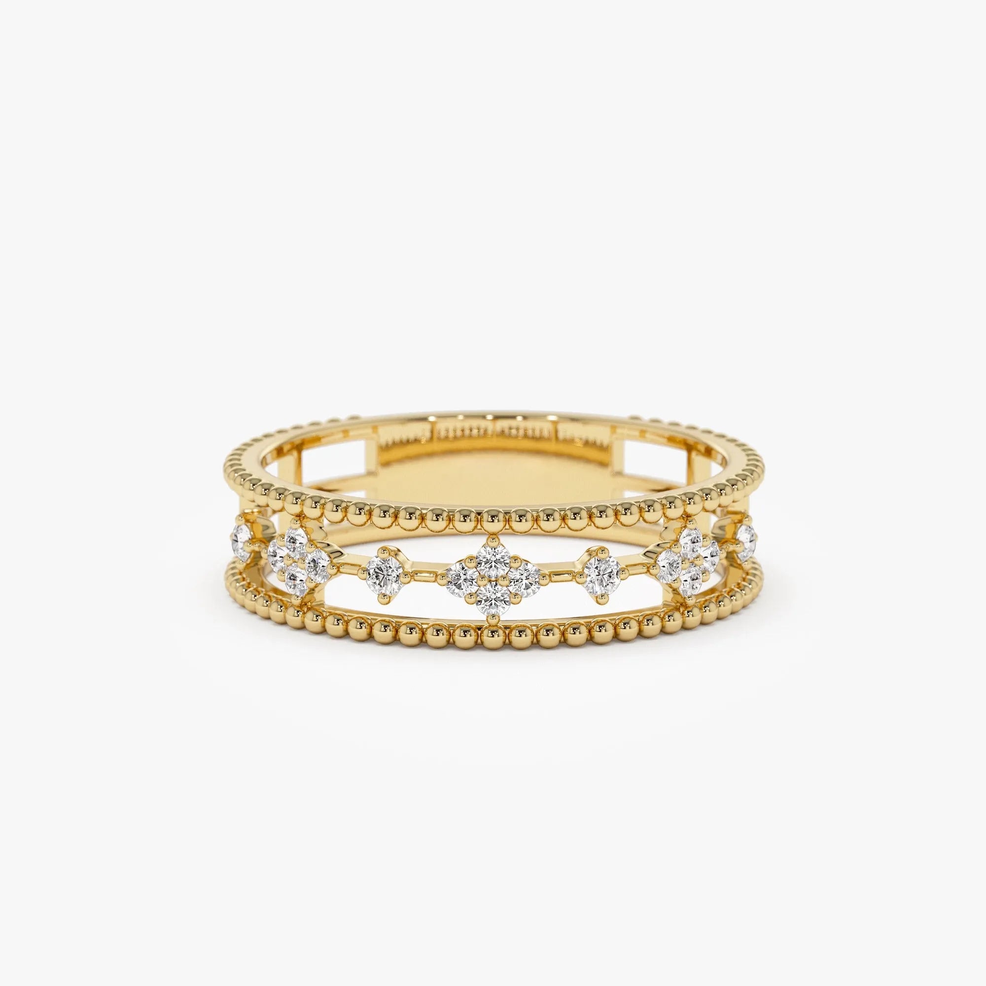 14K Solid Gold Round Diamond 0.15 Carat Beaded Band Statement Ring