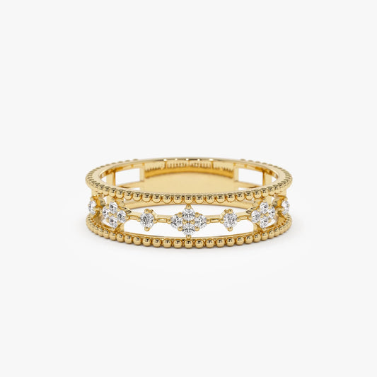 14K Solid Gold Round Diamond 0.15 Carat Beaded Band Statement Ring