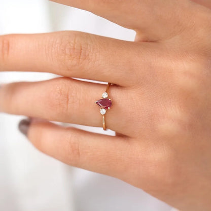 14k Gold Ruby and Diamond Pear Cut Three Stone Ring 0.47 ctw