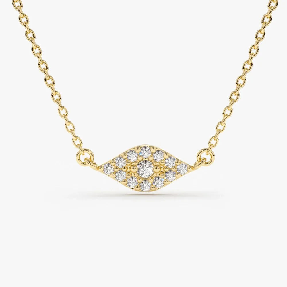 14K Solid Gold Round Diamond Micro Pave Evil Eye Pendant Necklace 0.15ctw
