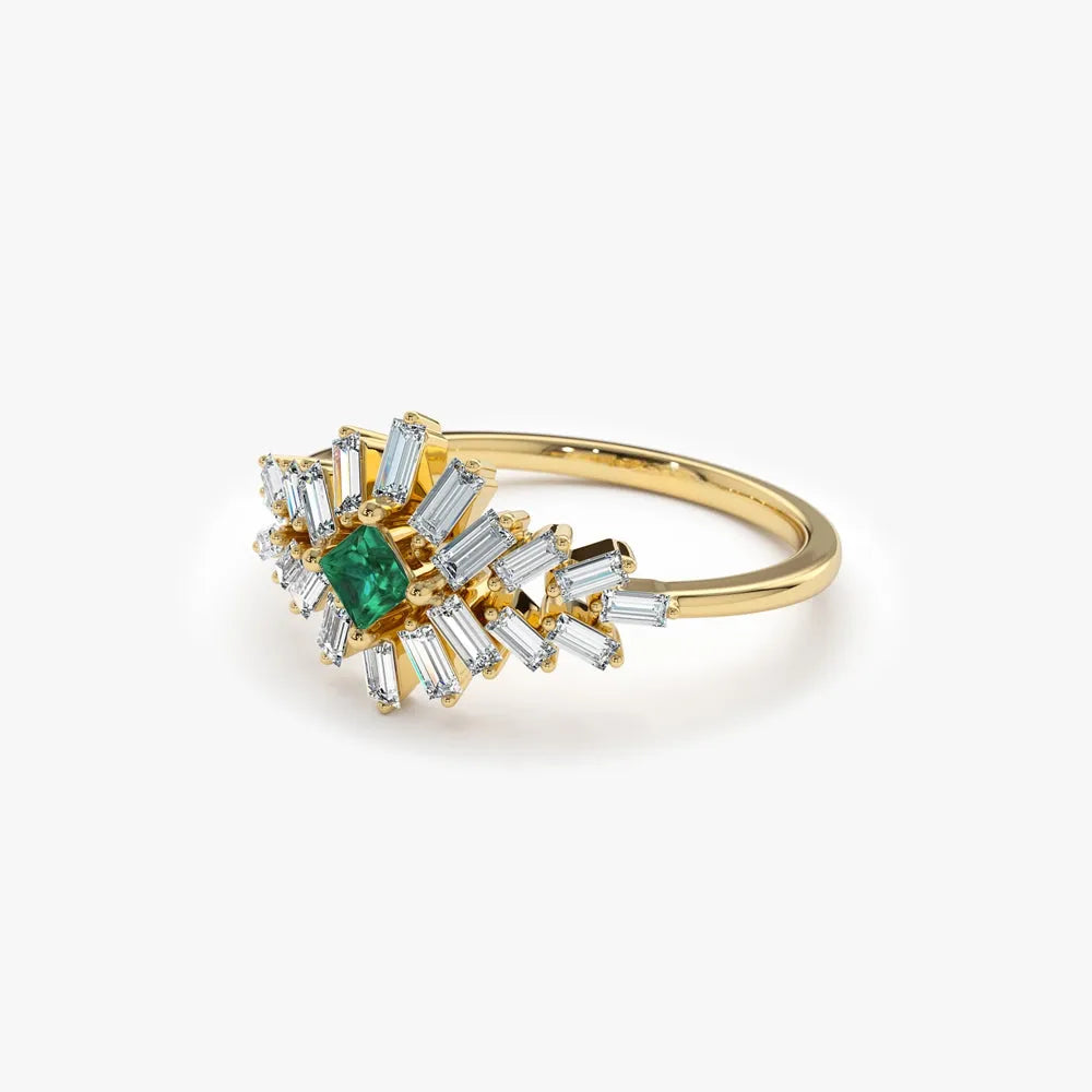 14K Gold Square Emerald and Baguette Diamond Ring 0.56 CTW Handcrafted Jewelry