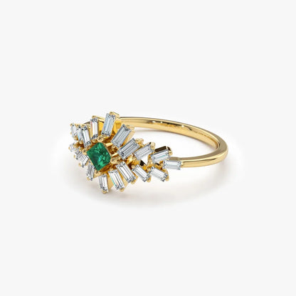 14K Gold Square Emerald and Baguette Diamond Ring 0.56 CTW Handcrafted Jewelry