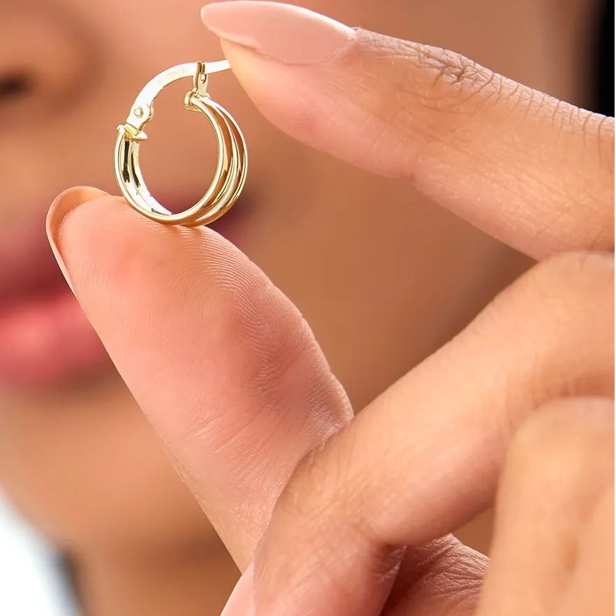14k Yellow Gold Two Row Small Hoop Earrings 13mm 5.5mm Width