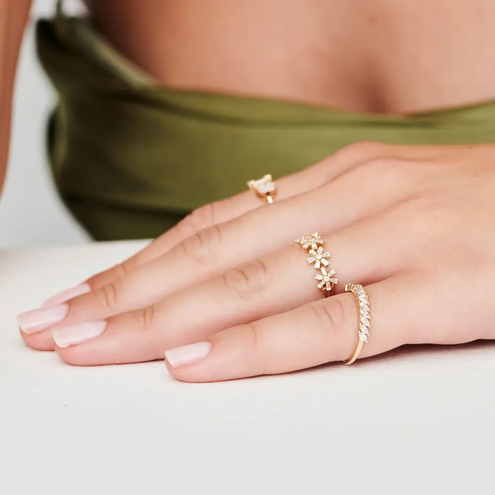 14K Gold 0.49 Carat Round and Baguette Diamond Multi Flower Design Ring