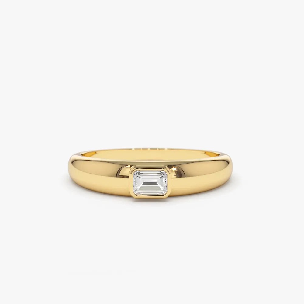 14k Gold Emerald Cut Diamond Solitaire Ring Dome Bezel Setting 0.12 ctw