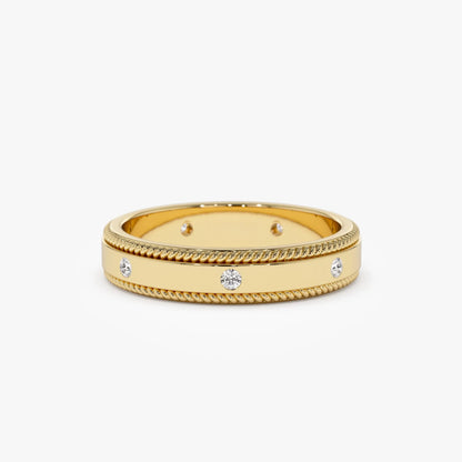 14k Gold Diamond Round Cut Wedding Band Flat Milgrain Edge 4mm 0.12 ctw