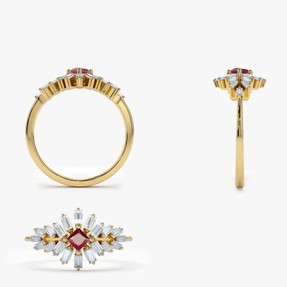 14k Gold Ruby and Diamond Square and Baguette Cut Ring 0.54 ctw