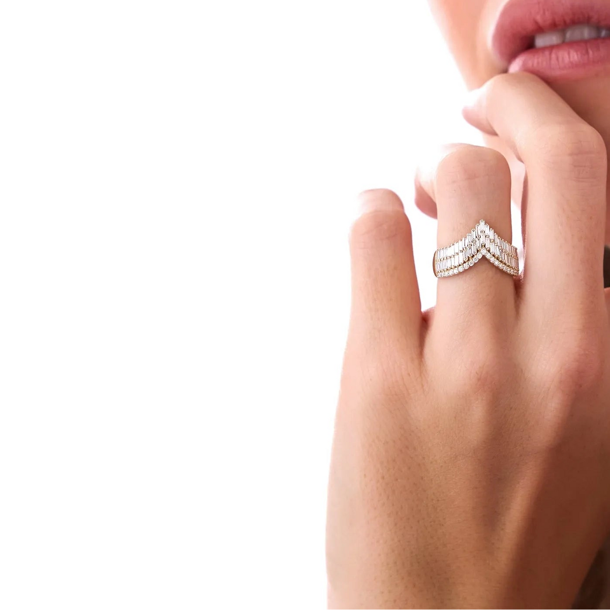 14k Solid Gold Baguette and Round Diamond 0.99 Carat Chevron Statement Ring