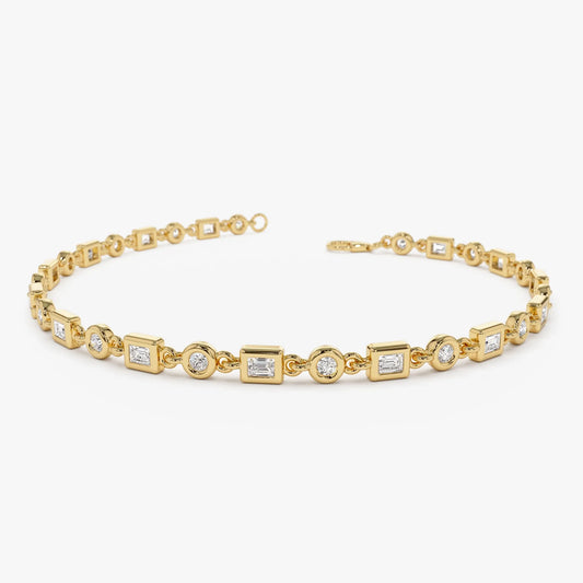 14K Solid Gold 0.85 CTW Round and Baguette Diamond Bracelet