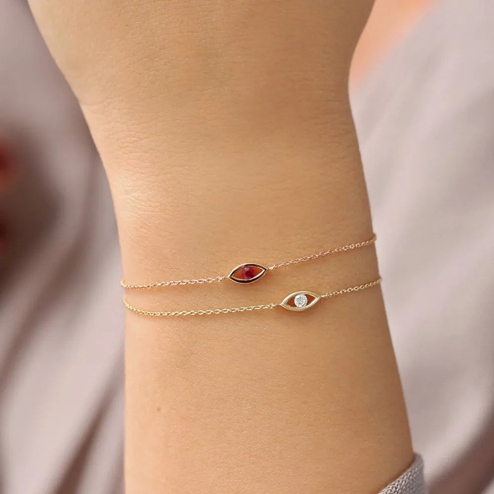 14K Solid Gold Round Diamond Evil Eye Bracelet Channel Setting 0.08 Carat