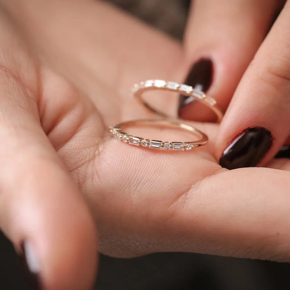14K Solid Gold Baguette and Round Diamond Shared Prong Band Ring