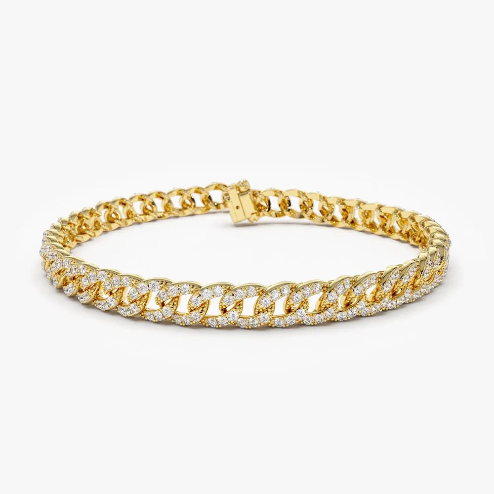 14K Solid Gold Round Diamond 4.8MM Cuban Link Micro-Pave Bracelet