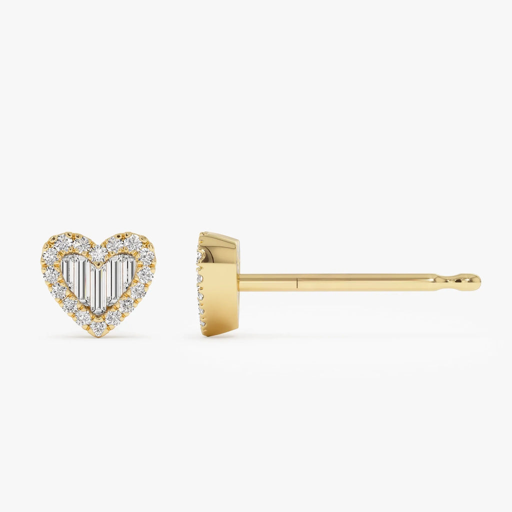 14k Gold Diamond Round and Baguette Cut Heart Stud Earrings 0.28 ctw