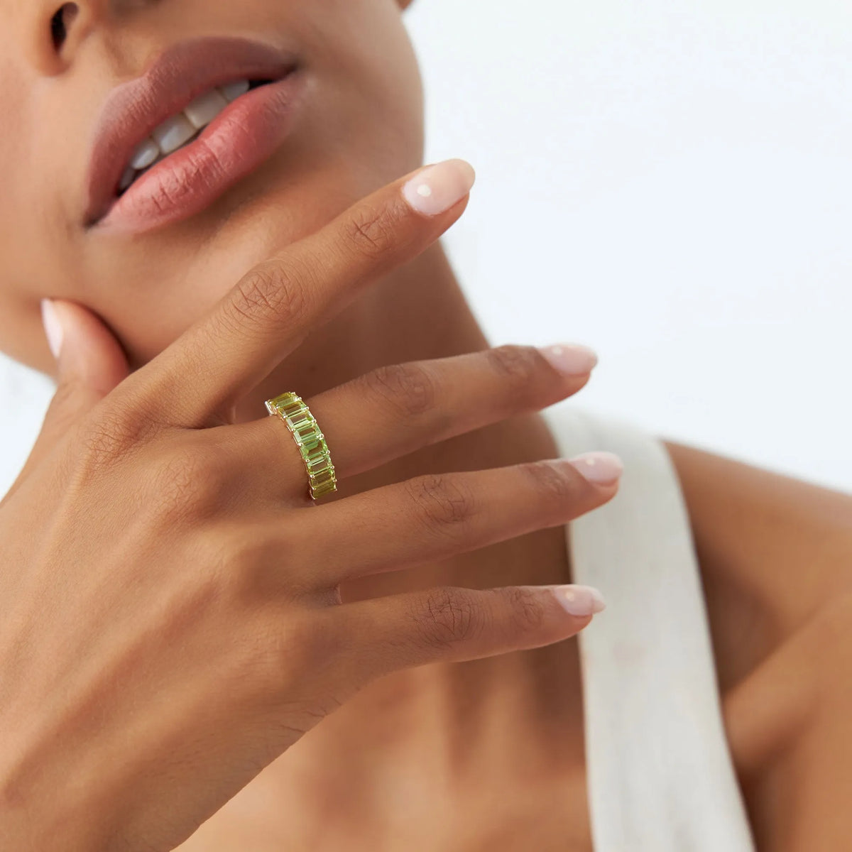 14K Solid Gold Emerald Cut Peridot 2.35 Carat Nine Stone Ring