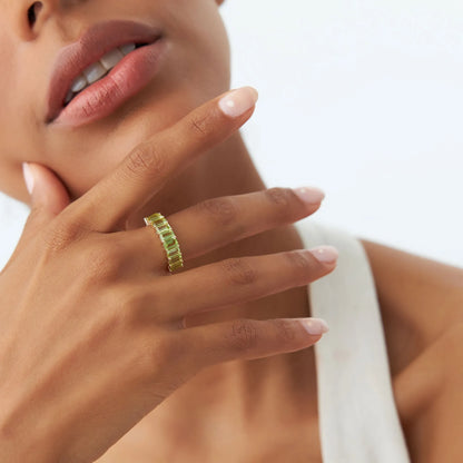 14K Solid Gold Emerald Cut Peridot 2.35 Carat Nine Stone Ring
