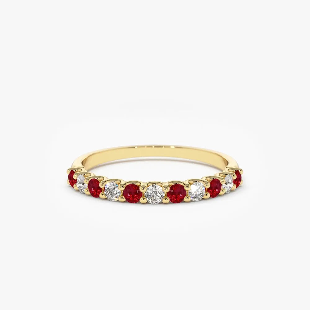 14k Gold Ruby and Diamond Round Cut Shared Prong Wedding Ring Band 0.43 ctw