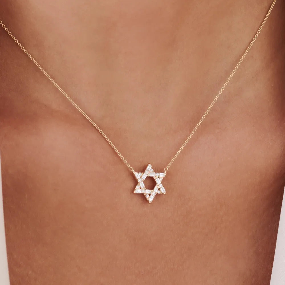 14K Solid Gold Baguette and Round Diamond Star of David Pendant Necklace 0.34ctw