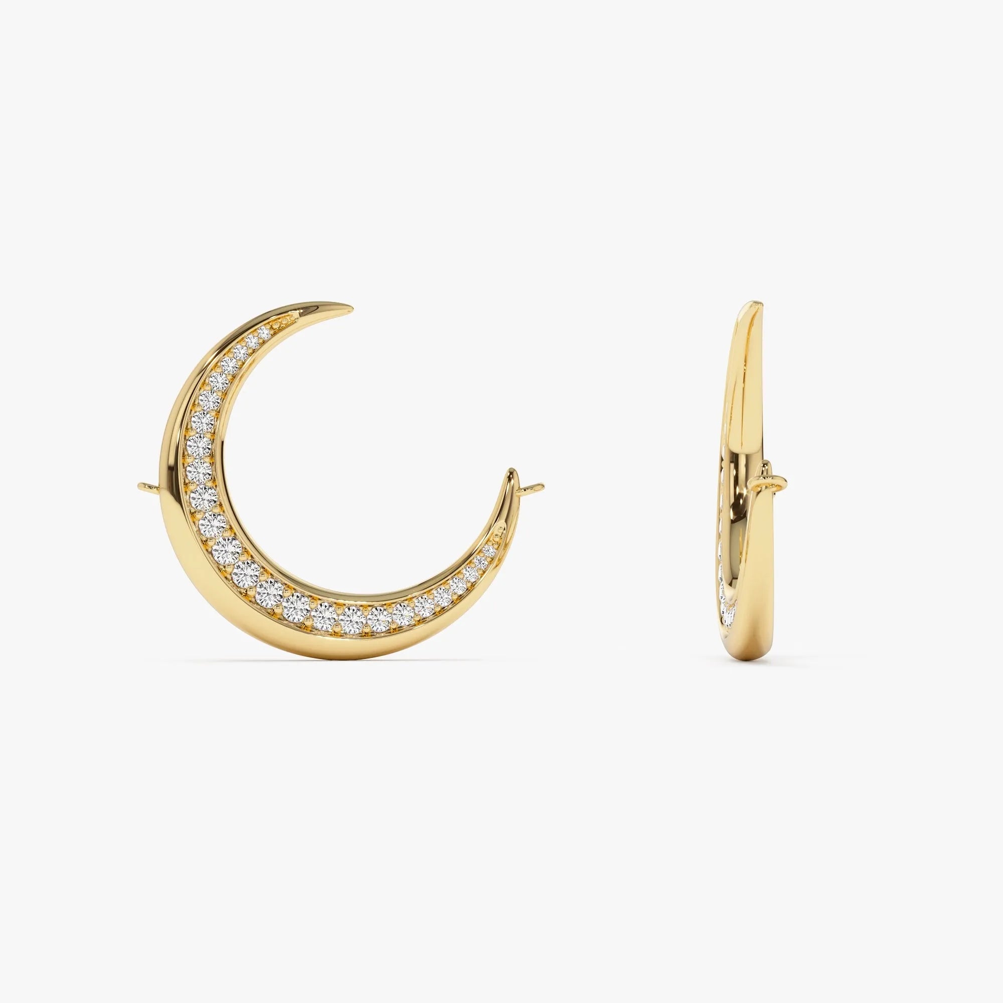 14K Solid Gold 0.25 CTW Round Diamond Large Crescent Moon Necklace
