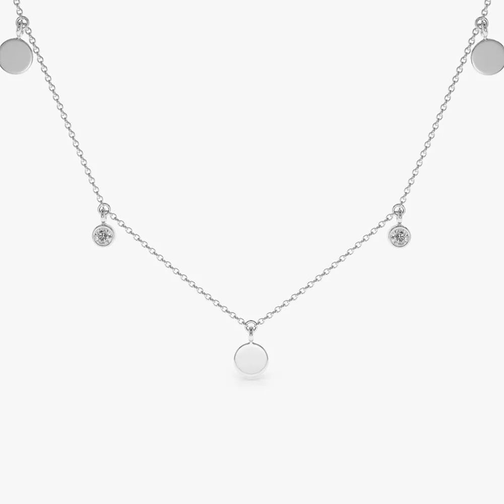 14K Solid Gold Round Diamond Bezel Set Dangling Disc Necklace 0.08ctw