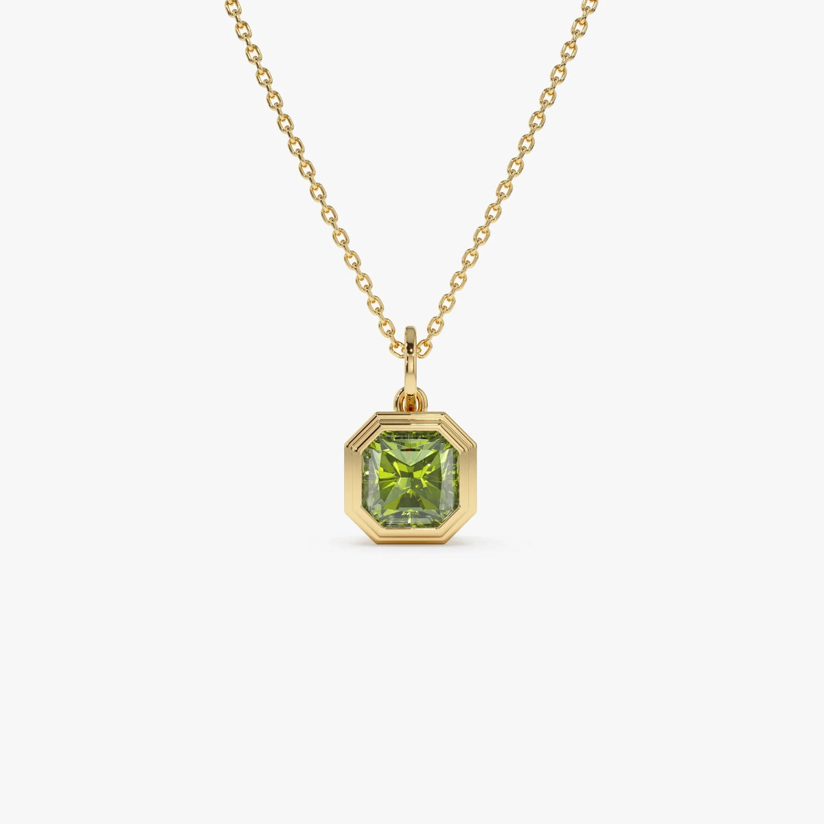 14k Solid Gold Peridot Asscher Cut Necklace 1.20 Carat Bezel Setting