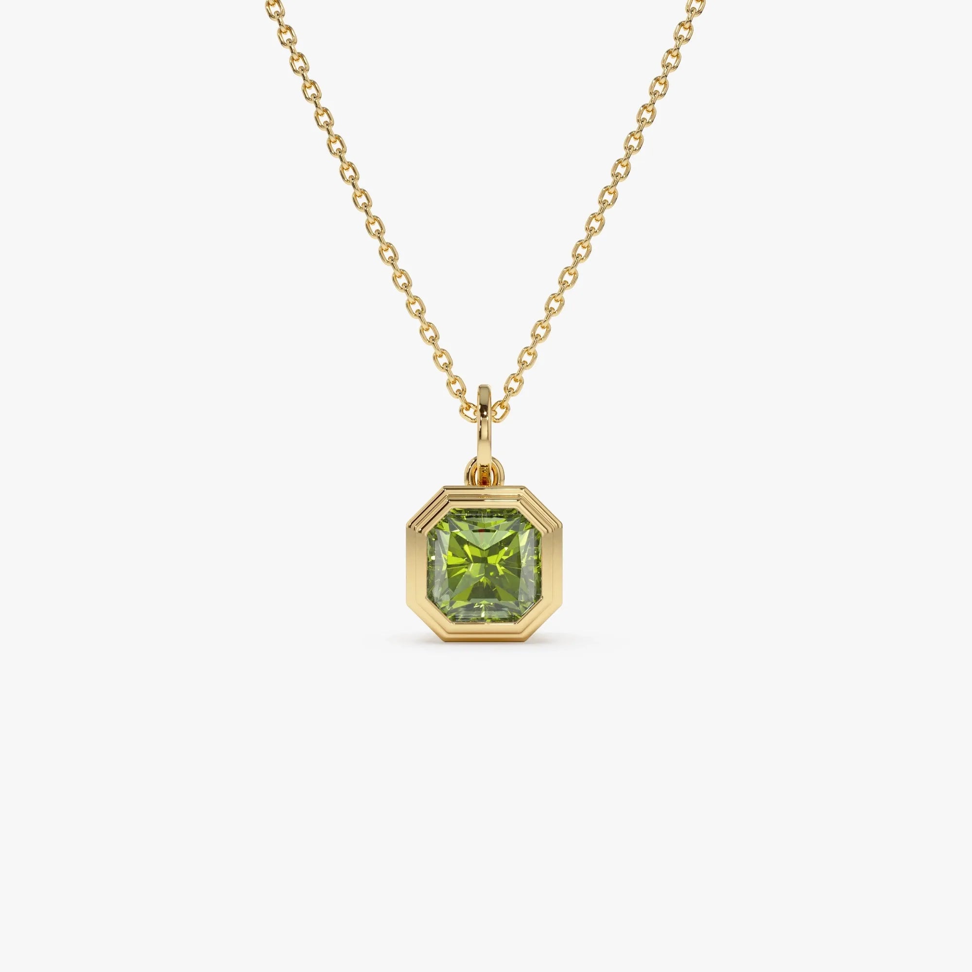 14k Solid Gold Peridot Asscher Cut Necklace 1.20 Carat Bezel Setting