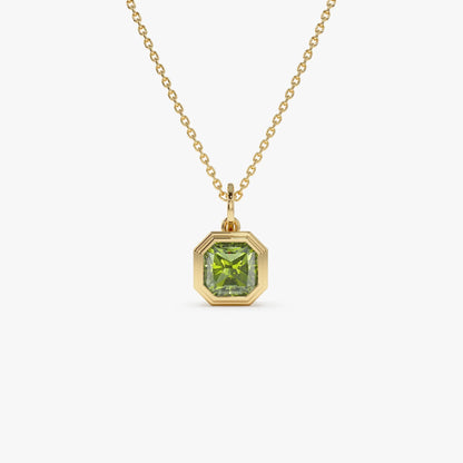 14k Solid Gold Peridot Asscher Cut Necklace 1.20 Carat Bezel Setting
