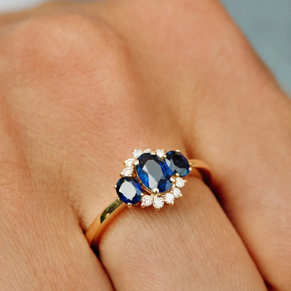 14k Gold Sapphire and Diamond Oval Cut Three Stone Cluster Ring 1.41 ctw