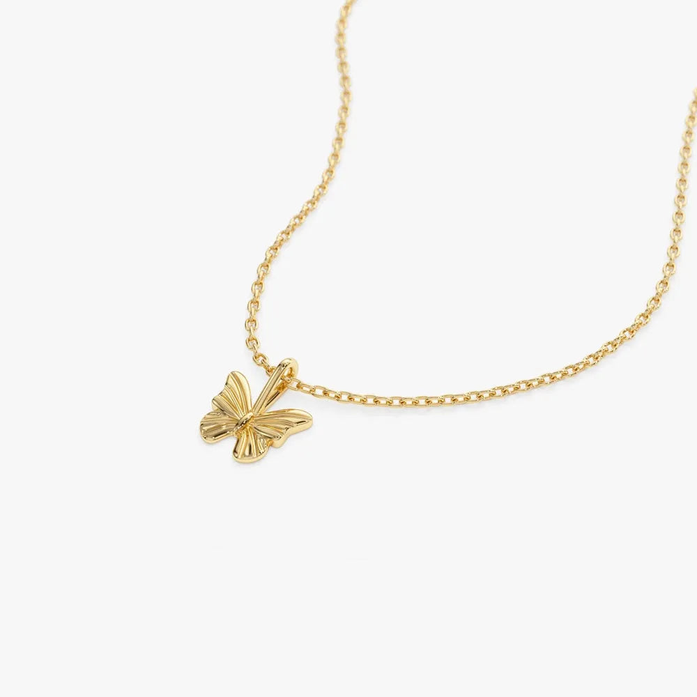 14k Solid Gold Mini Butterfly Charm Pendant Necklace